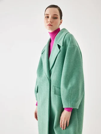 Kol Detaylı Yeşil Çizgili Oversize Kaşe Kaban