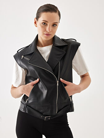 Kruvaze Apolet Detay Siyah Deri Yelek