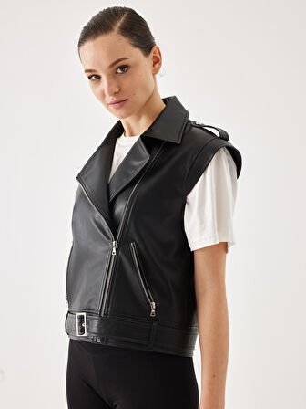 Kruvaze Apolet Detay Siyah Deri Yelek