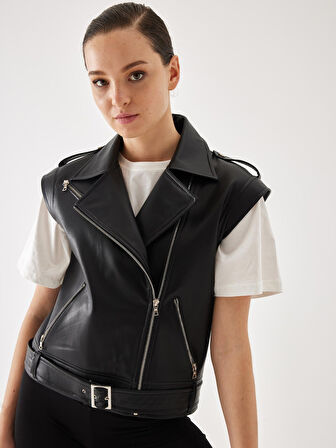 Kruvaze Apolet Detay Siyah Deri Yelek