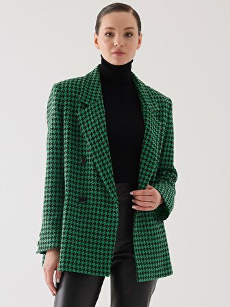 Kazayağı Desen Kruvaze Yeşil Oversize Blazer Ceket