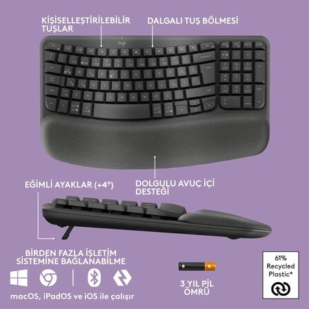 Logitech 920-012311 Wave Keys Kablosuz Türkçe Q Klavye Bluetooth Bağlantı ile Ev Ofis Kullanımı için
