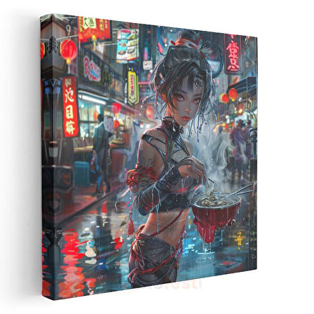 Cyberpunk Sokakları - Neon Gece Hayatı Anime Kanvas Tablo