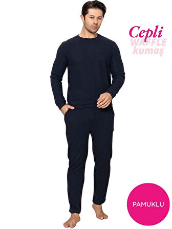 Erkek Bisiklet Yaka Düğmesiz Kışlık Waffle Pamuklu Kumaş Uzun Manşetli Kol Cepli Pijama Takımı 