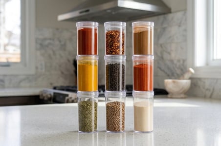 LUDIA 9 Parça Yuvarlak Vakum Kapaklı Şeffaf Baharatlık ve Erzak Saklama Kabı Seti (200-250-300 ml)