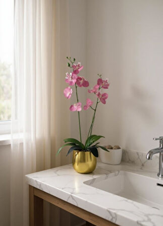 Yapay Çiçek Pembe Islak Orkide Gold Metal Saksıda Saksıda Orkide 50cm