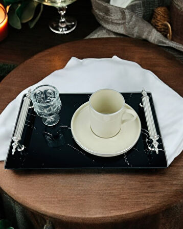 Vow Siyah Desenli Söz Tepsisi ve Damat Kahve Fincanı