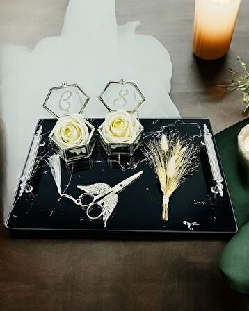 Vow Siyah Desenli Söz Tepsisi ve Damat Kahve Fincanı