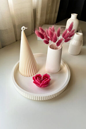 Dekoratif Tabak, Vazo, Piramit ve Çiçek Soya Mum Seti Amber Kokulu