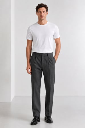 Erkek Slim Fit Yün Karışımlı Zeta Gabardin Kumaş Pileli Pantolon 004-Antrasit