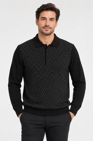 Erkek Polo Yaka Kendinde Desenli  Triko Kazak  7561-Siyah