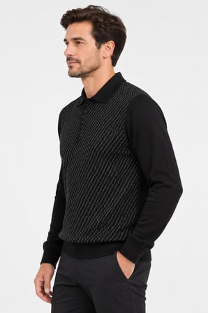 Erkek Polo Yaka Kendinde Desenli  Triko Kazak  7561-Siyah