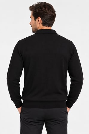 Erkek Polo Yaka Kendinde Desenli  Triko Kazak  7561-Siyah