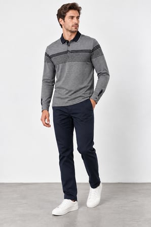 Erkek Polo Yaka Uzun Kollu Sweatshirt W27-248302 Siyah-Gri
