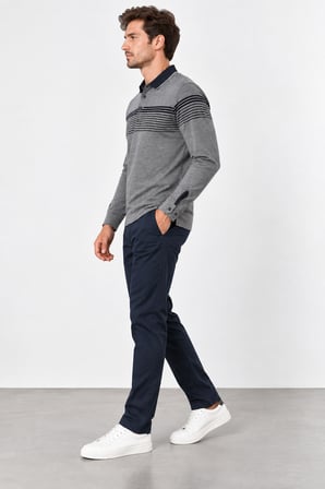 Erkek Polo Yaka Uzun Kollu Sweatshirt W27-248302 Siyah-Gri