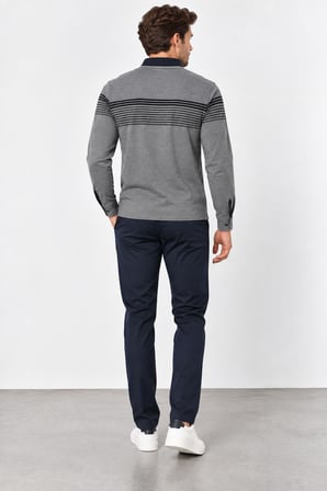 Erkek Polo Yaka Uzun Kollu Sweatshirt W27-248302 Siyah-Gri