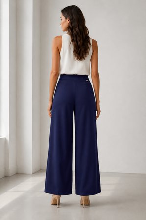 Kadın Rahat Kesim Beli Lastikli Bol Paça Pantolon Y26-1603-Lacivert