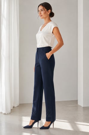 Yüksek Bel Paçası Taş İşlemeli Kadın Kumaş Pantolon Y26-25935-LACİVERT