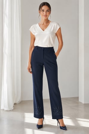 Yüksek Bel Paçası Taş İşlemeli Kadın Kumaş Pantolon Y26-25935-LACİVERT