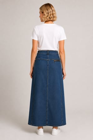 Yüksek Bel Fermuar Detaylı Denim Maxi Etek 7510-Mavi