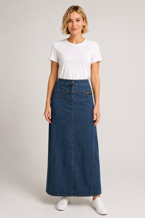 Yüksek Bel Fermuar Detaylı Denim Maxi Etek 7510-Mavi