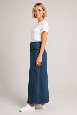 Yüksek Bel Fermuar Detaylı Denim Maxi Etek 7510-Mavi