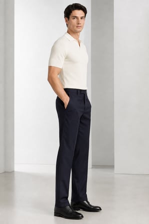 Erkek Slim Fit Yün Karışımlı Zeta Gabardin Kumaş Pileli Pantolon 004-Lacivert