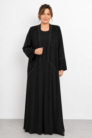 Kadın Abaya ve İçine Kristal Detaylı Penye Elbise İkili Takım Y26-25159 - Siyah