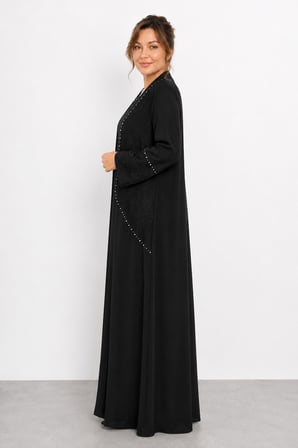 Kadın Abaya ve İçine Kristal Detaylı Penye Elbise İkili Takım Y26-25159 - Siyah