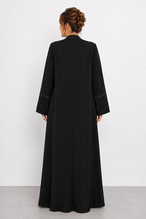 Kadın Abaya ve İçine Kristal Detaylı Penye Elbise İkili Takım Y26-25159 - Siyah