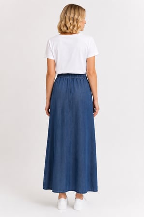 Beli Elastik Asimetrik Kesim Dökümlü Denim Etek 7557-Mavi