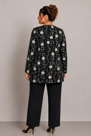 Kadın Floral Desenli Abiye Ceket ve Bluz Takımı - Y26-3963 - Siyah