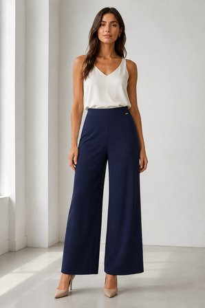Kadın Rahat Kesim Beli Lastikli Bol Paça Pantolon Y26-1603-Lacivert