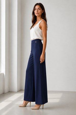 Kadın Rahat Kesim Beli Lastikli Bol Paça Pantolon Y26-1603-Lacivert