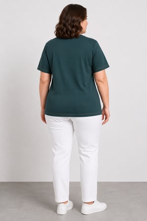 Kadın Taş ve Biyeli Desen Detaylı Kısa Kollu Bisiklet Yaka Premium Penye T-Shırt 5048-Nefti