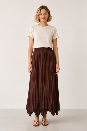 Beli Lastikli Pliseli Asimetrik Kesim Maxi Etek Y26-010-Kahve