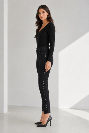 Yüksek Bel Yanları Metal  Süslemeli Denim Pantolon Y26-2805-Siyah