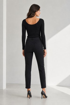 Yüksek Bel Yanları Metal  Süslemeli Denim Pantolon Y26-2805-Siyah