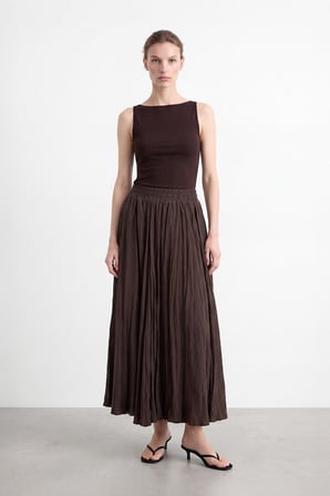 Kadın Beli Lastikli Krinkil Dokulu Maxi Şifon Etek Y26-18302-Kahve