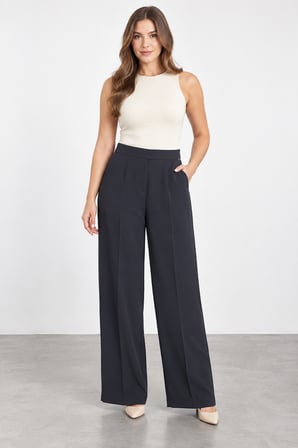 Kadın Beli Lastikli Yan Cepli Geniş Paça Pantolon W27-1610 - Siyah