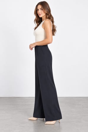 Kadın Beli Lastikli Yan Cepli Geniş Paça Pantolon W27-1610 - Siyah