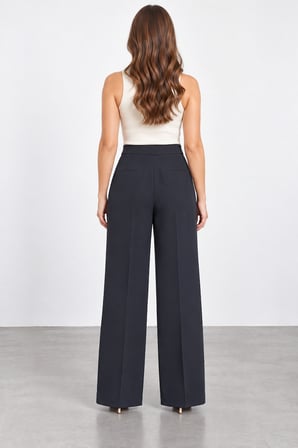 Kadın Beli Lastikli Yan Cepli Geniş Paça Pantolon W27-1610 - Siyah