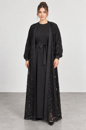 Kadın Tam Boy Uzun Kollu İç Elbiseli İkili Abaya Takım W27-9002 - Siyah