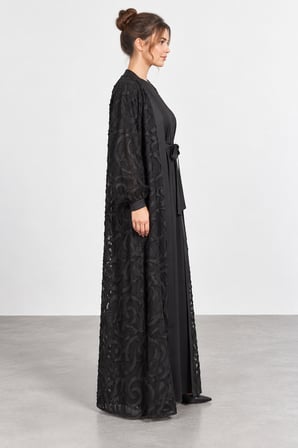 Kadın Tam Boy Uzun Kollu İç Elbiseli İkili Abaya Takım W27-9002 - Siyah