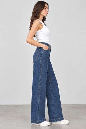 Kadın Beş Cepli Beli Lastikli Önü Boncuk Baskılı Tencel Kumaş Kot Pantolon 27K-26660-Mavi