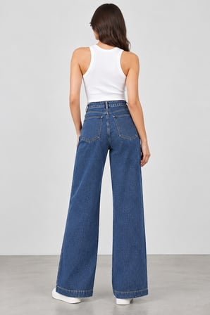 Kadın Beş Cepli Beli Lastikli Önü Boncuk Baskılı Tencel Kumaş Kot Pantolon 27K-26660-Mavi