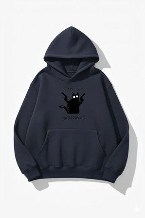 Unisex Yumuşak Dokulu Pew Pew Kedi Baskılı Tasarım Oversize 3 İplik Hoodie Sweatshirt