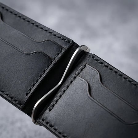 %100 El İşçiliği Hakiki Deri Para Maşalı Erkek Cüzdanı Klipsli Mini Kartlık 7x12 cm Siyah