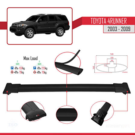 Toyota 4Runner 2003-2009 Arası ile Uyumlu FLY Model Ara Atkı Tavan Barı Siyah 2 Adet