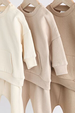 Next Baby Pamuklu Krem Kahve Uzun Kollu 3'lü Alt Üst Takım